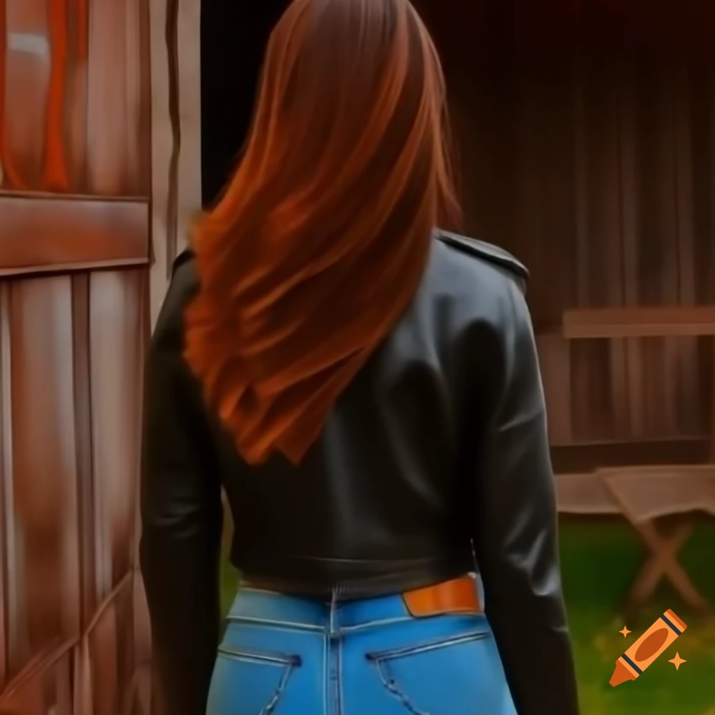 Hyperrealistic portrayal of a woman with brown hair in leather jacket at barn door