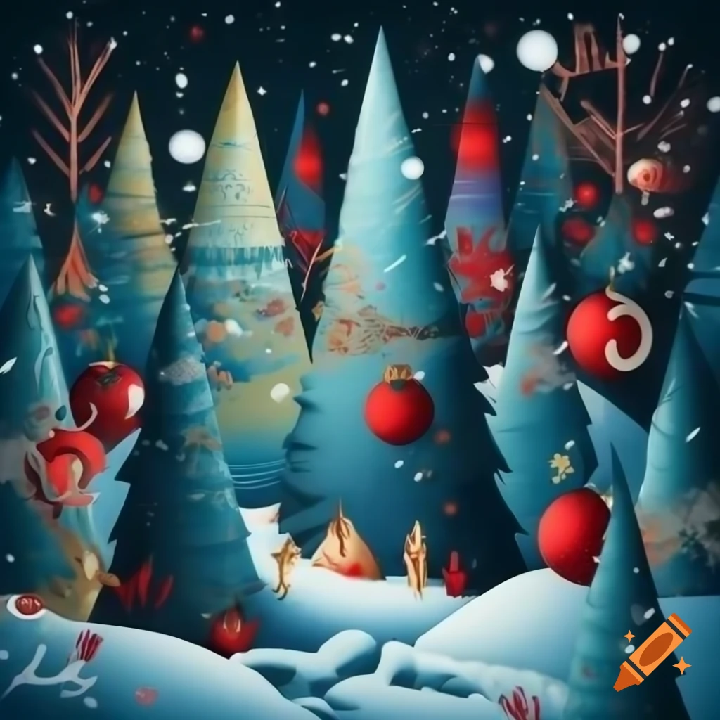 Panoramic illustration of Christmas forest scene blending Salish and Russian fairytale motifs with evergreens