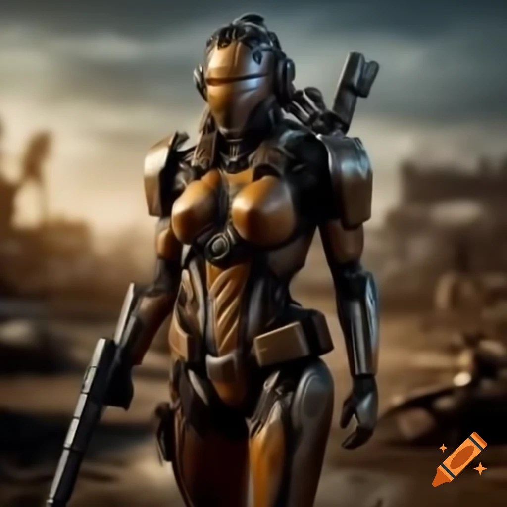 Cyborg warrior in armor with laser rifle in post-apocalyptic wasteland
