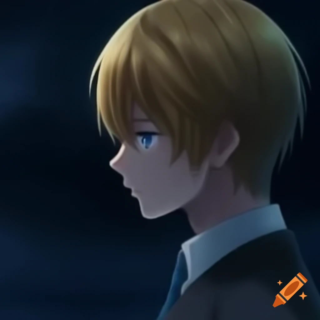 Anime boy with blue eyes and golden hair against a gloomy background