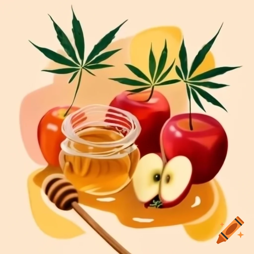 Abstract painting of apples, honey, and marijuana leaves