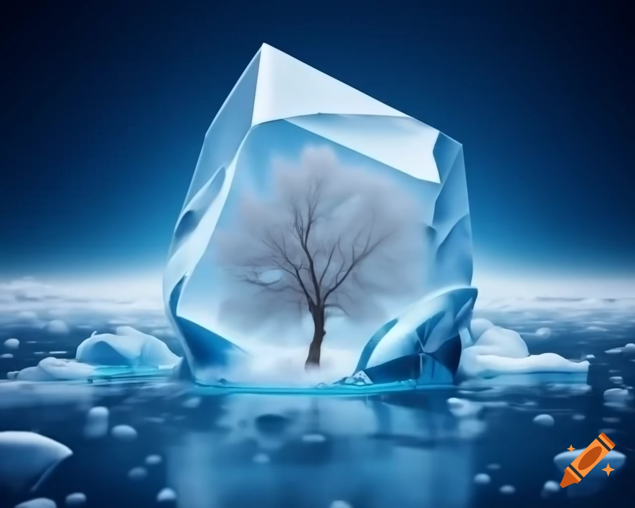 Oak tree encased in ice cube with ice crystals and blue-golden wavy water background