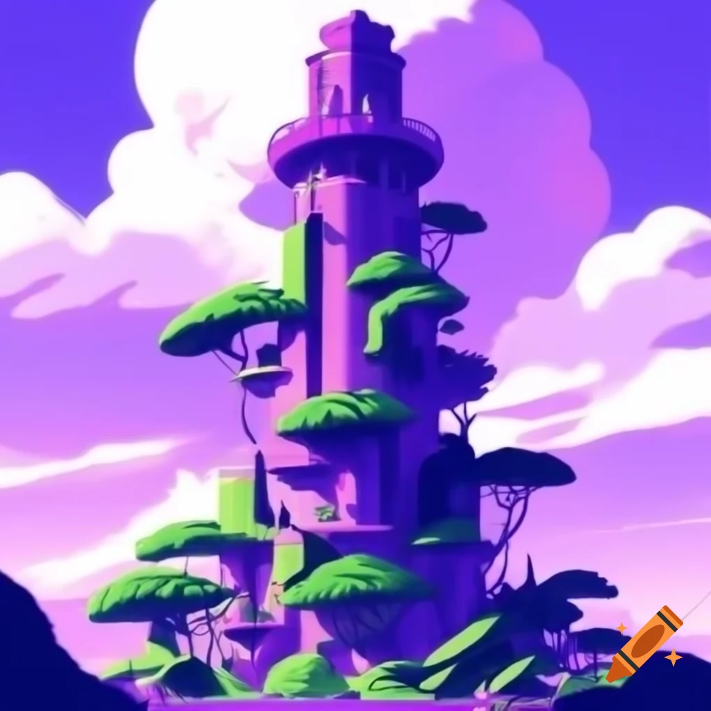Inspiring illustration of a large purple tower with green highlights