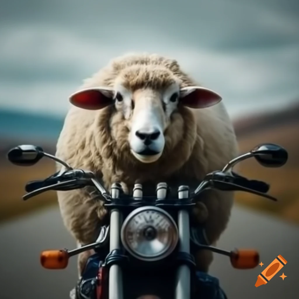 Sheep riding a motorbike