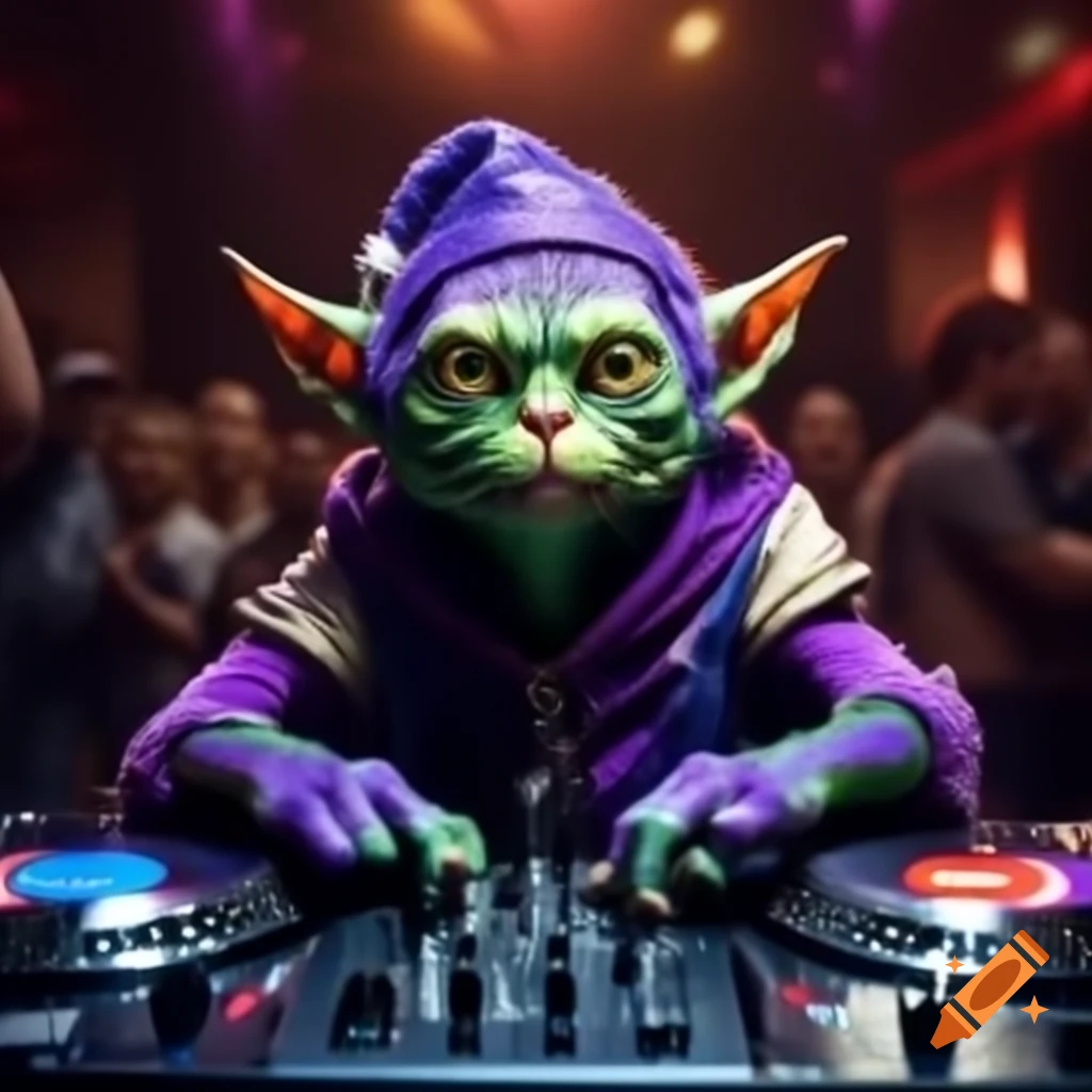 Purple cat goblin DJing at a 1990s nightclub event