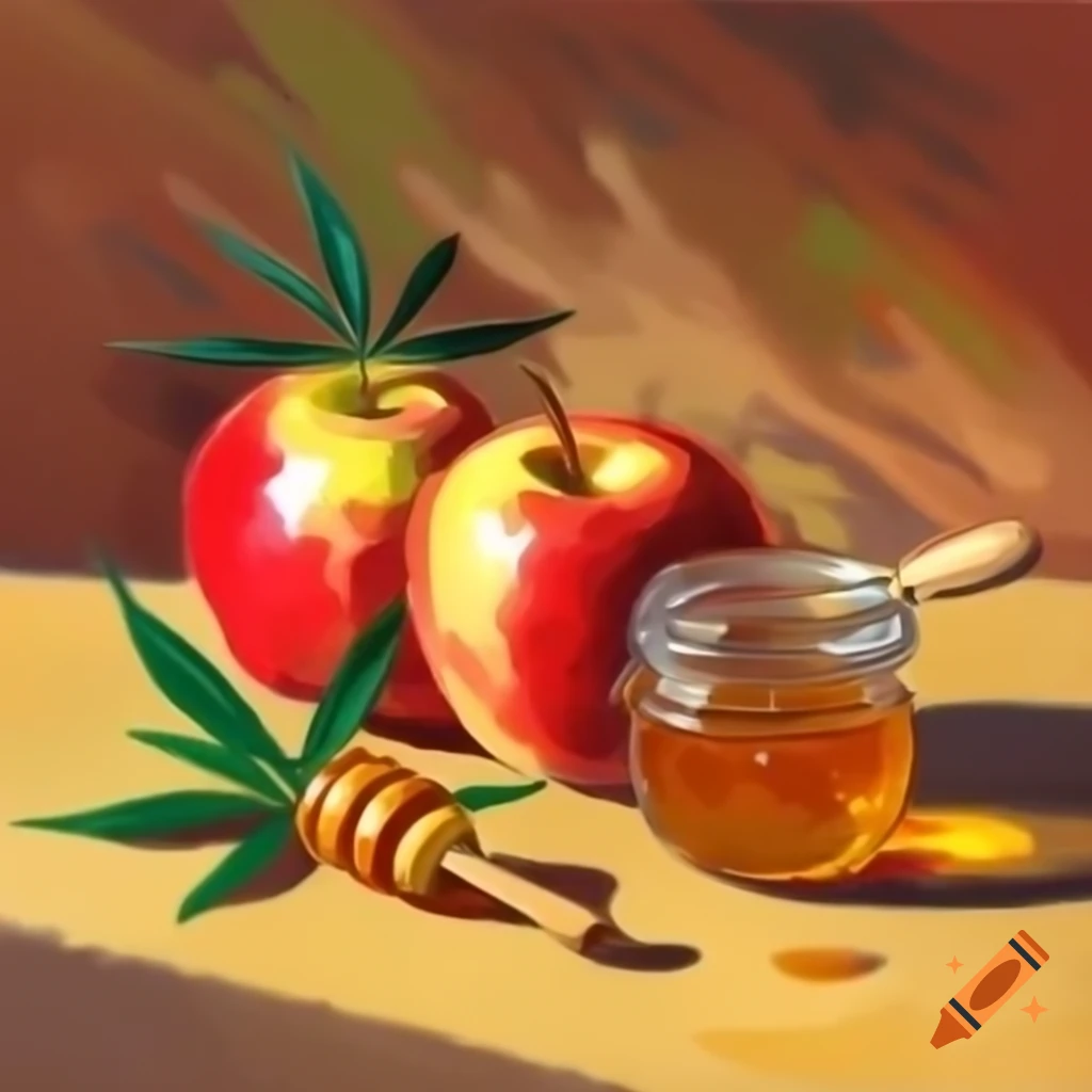 Impressionist painting of apples, honey, and marijuana leaves