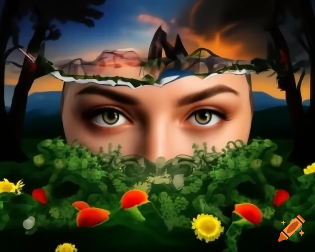 Surreal 3D render of woman's face in forest with wildflowers and butterflies