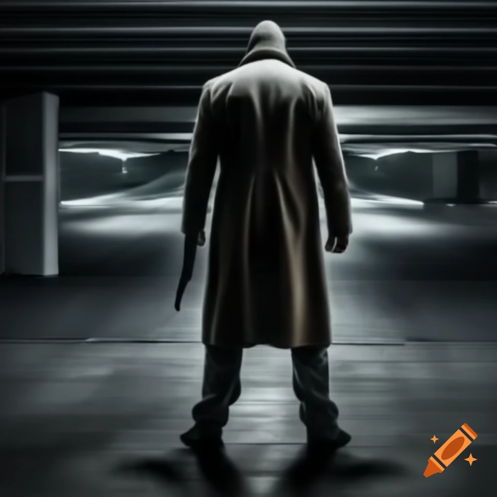 Full-length portrait of a criminal in underground parking garage with outstretched arm