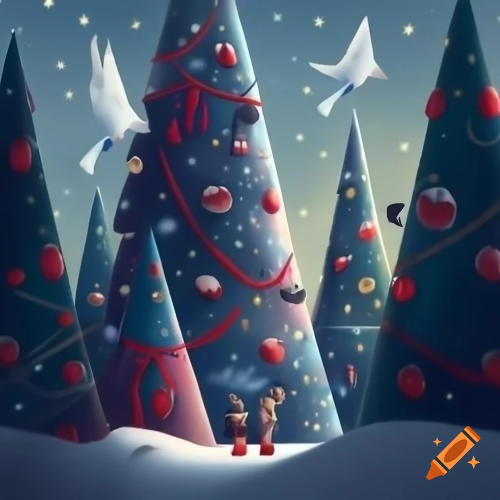 Panoramic illustration of Christmas forest scene blending Salish and Russian fairytale motifs with evergreens