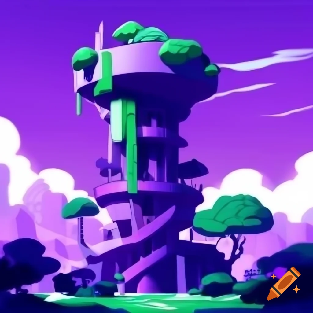 Inspiring illustration of large purple tower with green highlights