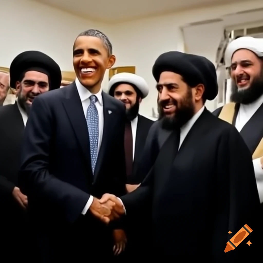 Hypthetical meeting between Barack Obama and Osama bin Laden, showcasing an unusual handshake