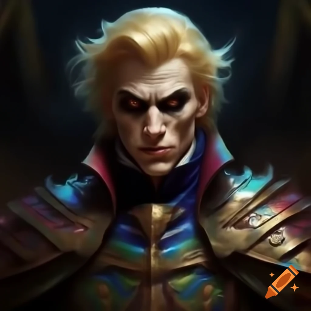 Hyper-realistic portrayal of a noble blonde man in psychedelic clothing