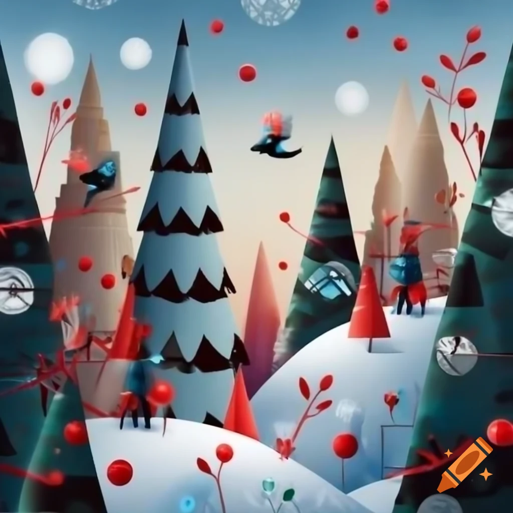 Wide angle panorama of a Christmas forest blending Salish and Russian fairytale motifs with evergreens