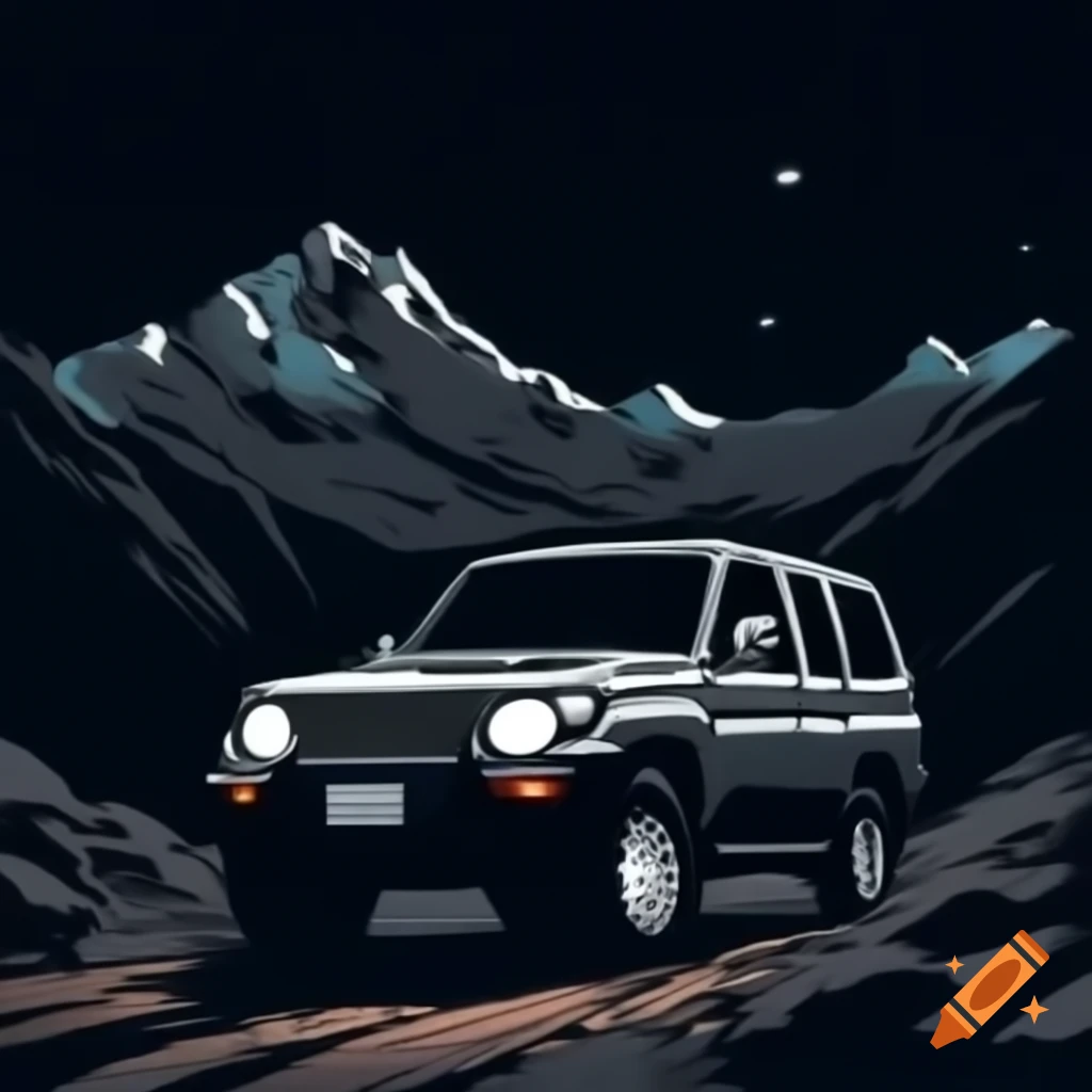1998 Dark Grey Pajero near Sólheimajökull glacier at night