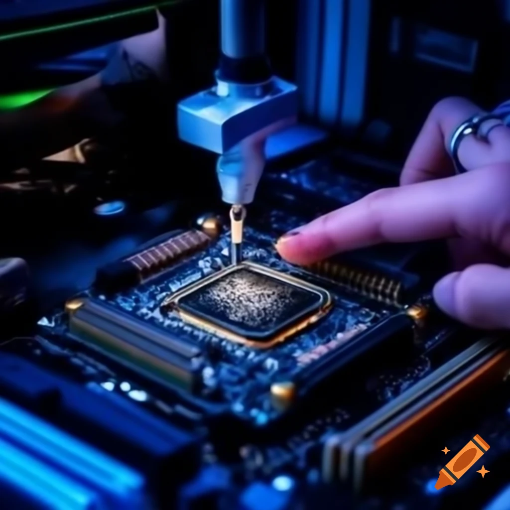 Hand holding screwdriver over PC motherboard with blue lighting