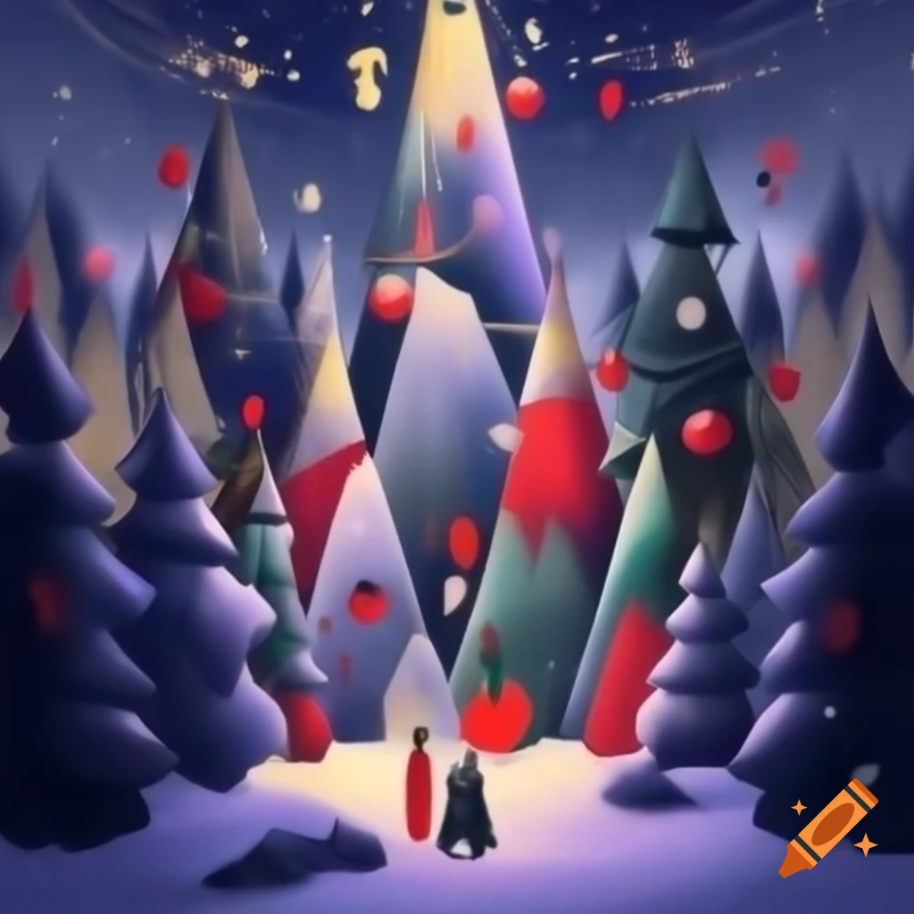 Panorama illustration of Christmas forest combining Salish and Russian fairytale motifs