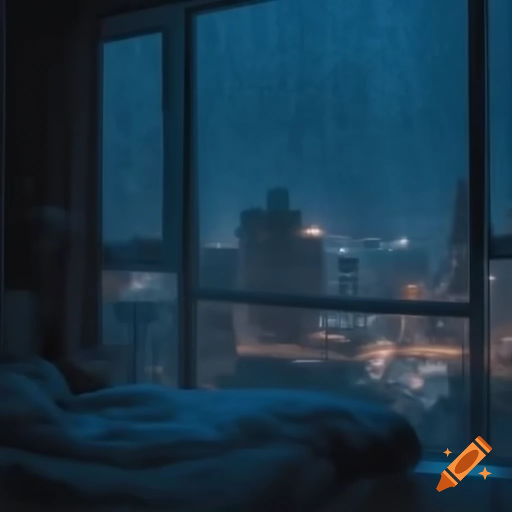 Aesthetic bedroom with rain view of the city
