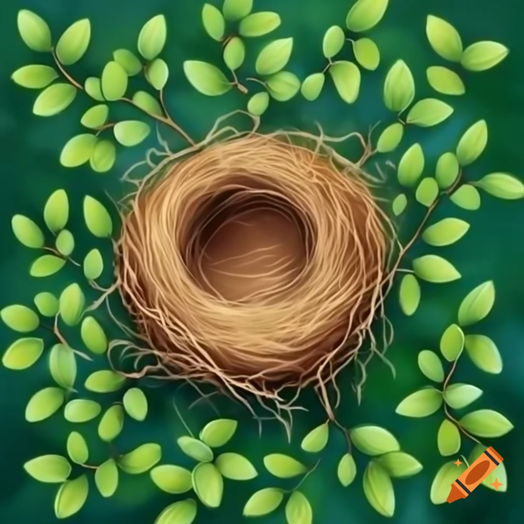 Empty green nest on green branches background