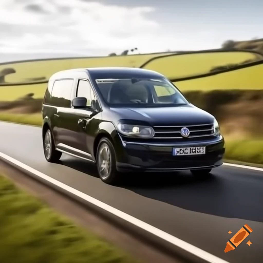 Photorealistic black 2020 VW Caddy on sunny English country road