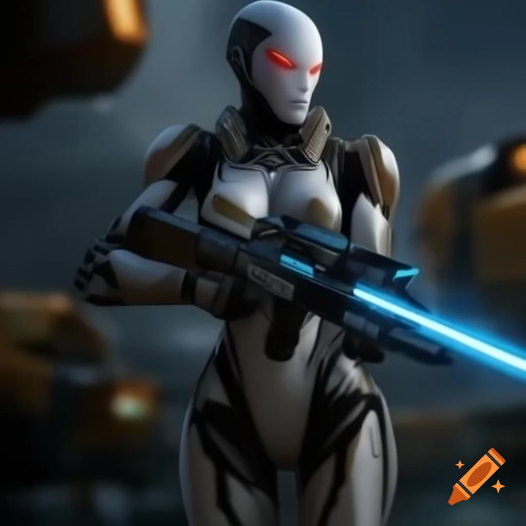 Cyborg warrior in armor with laser rifle in futuristic battlefield