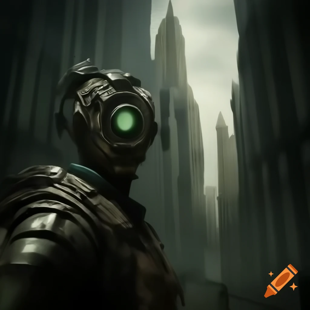 Dystopian future envisioned with Art Deco geometric elegance in deep blues and teals