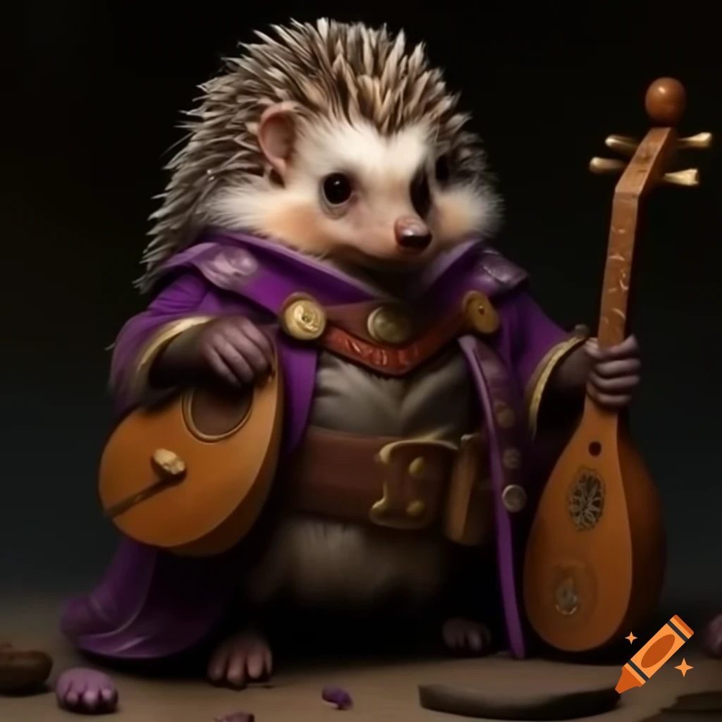 Hedgehog bard in purple garments holding lute with unibrow