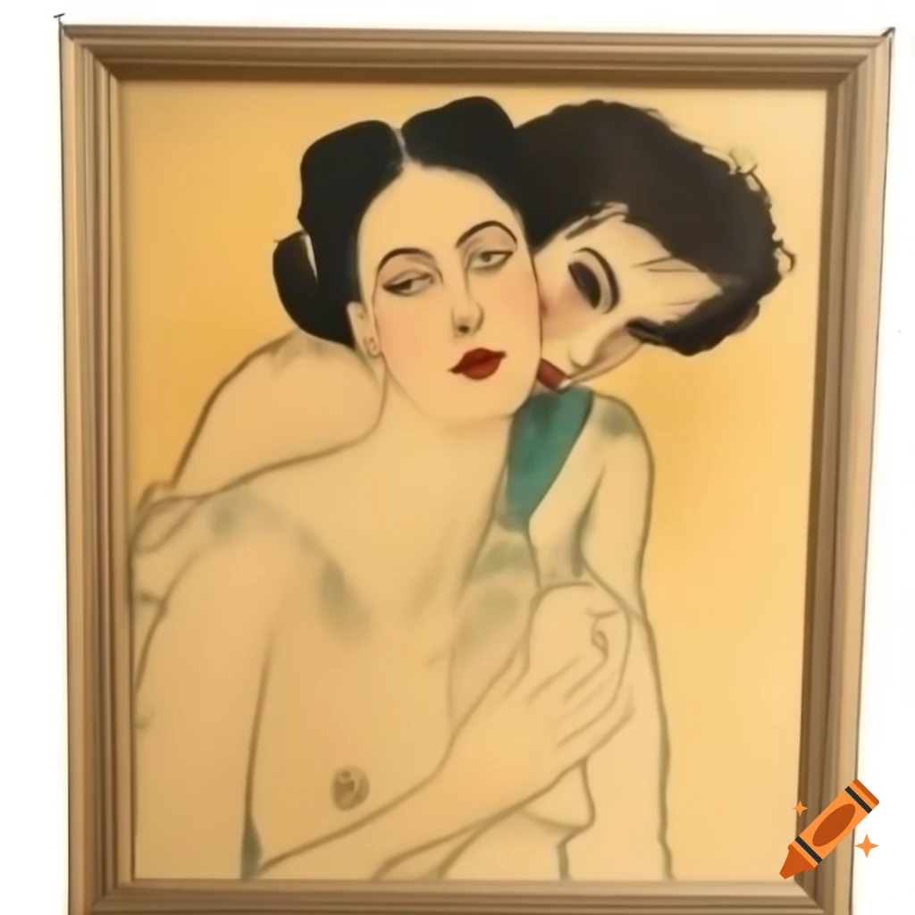 Vintage oil painting of frog and woman kissing in Egon Schiele style