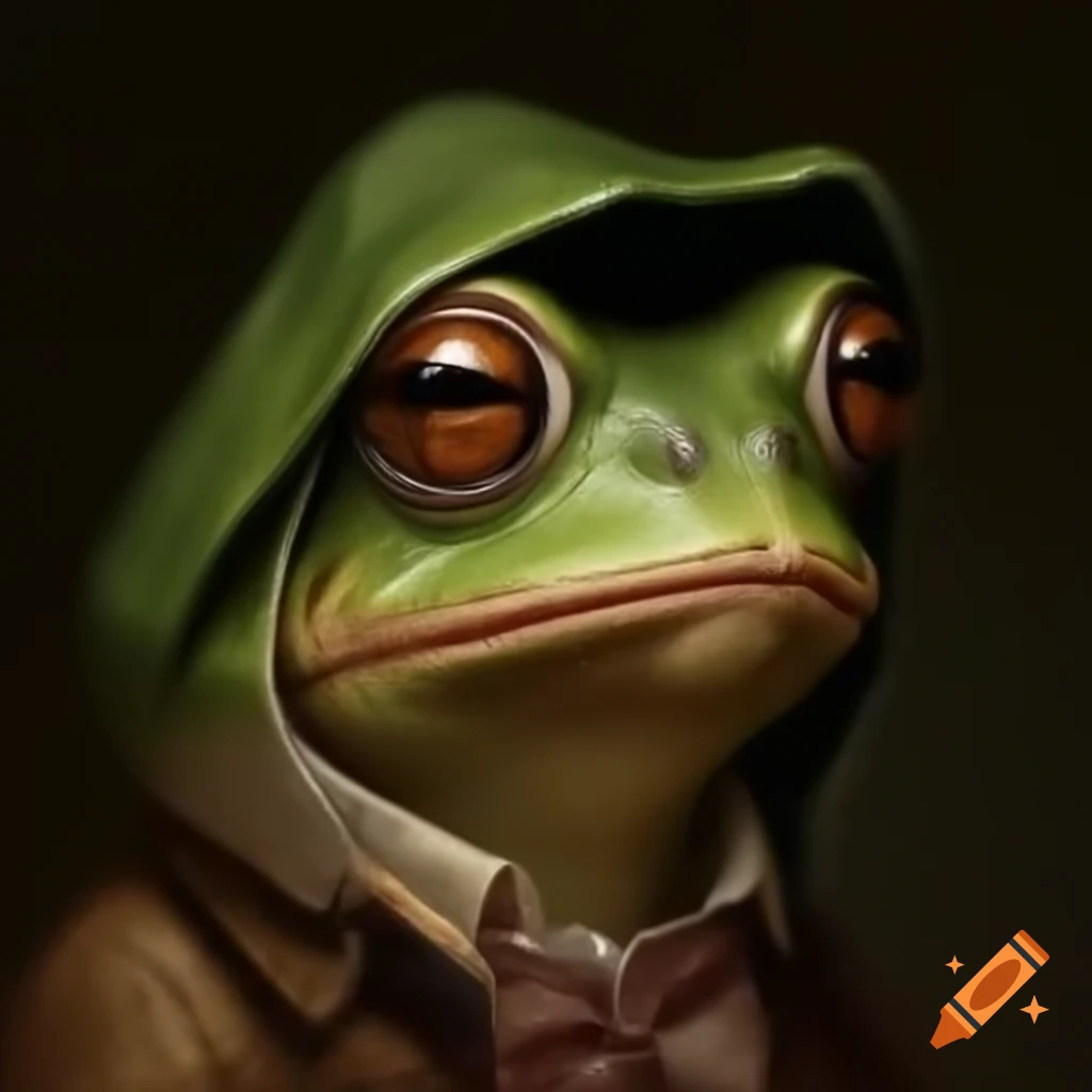 Artistic portrait of frog influenced by Rockwell, Schiele, and Bacon