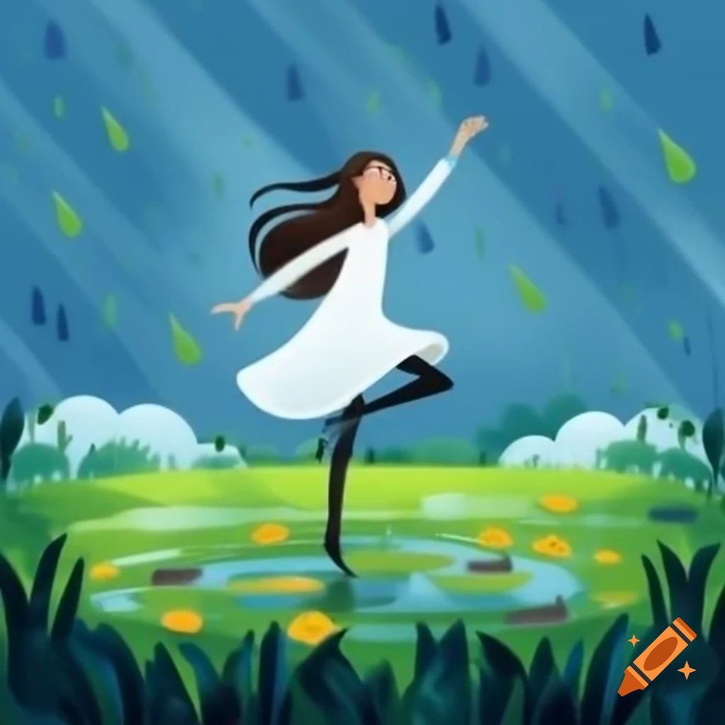 Woman dancing in the rain on a flower filled field on craiyon