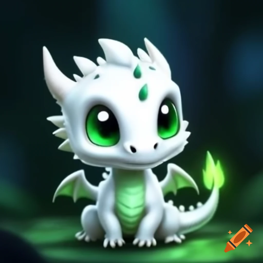 Adorable white dragon featuring striking green eyes