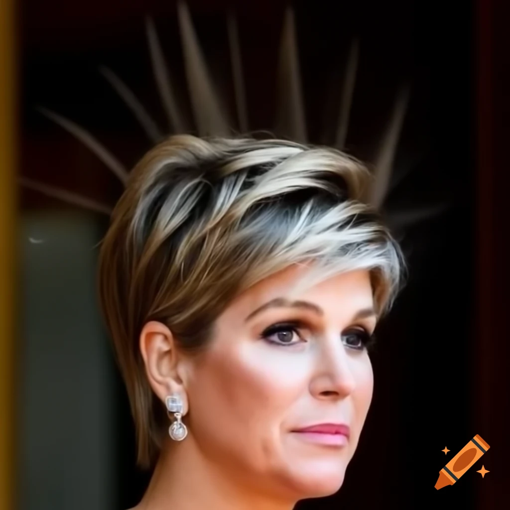 Queen Maxima with short pixie cut, styled with tapered back and sides, profile view