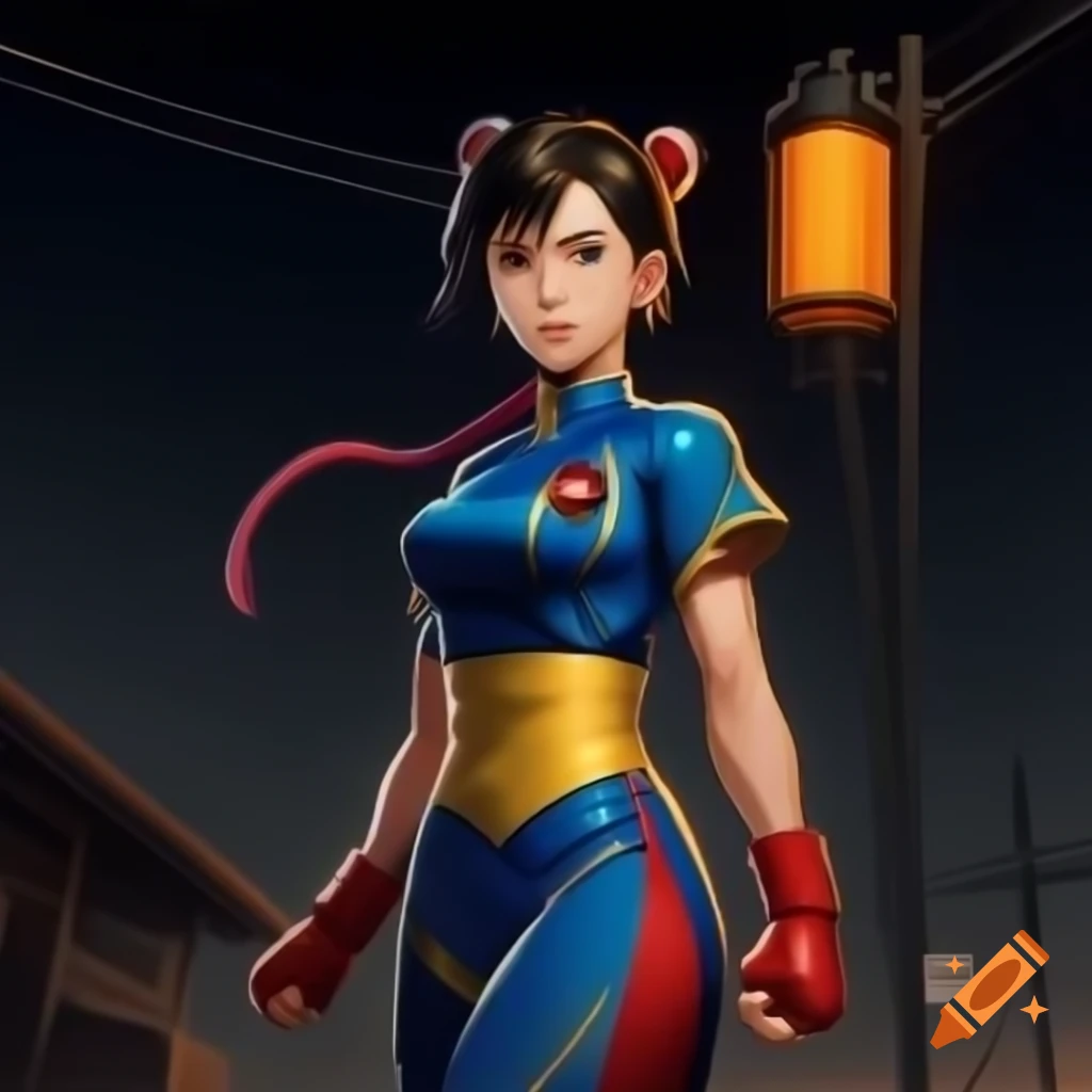 Anime Chun-li from Street Fighter akimbo in front of a floodlight
