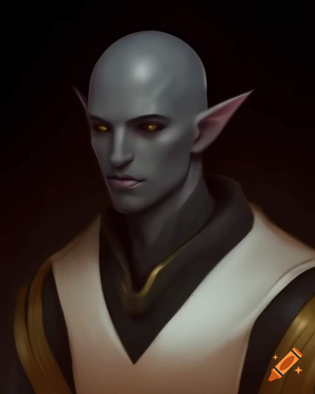 Sci-fi fantasy alien emperor with grey skin and golden-white outfit