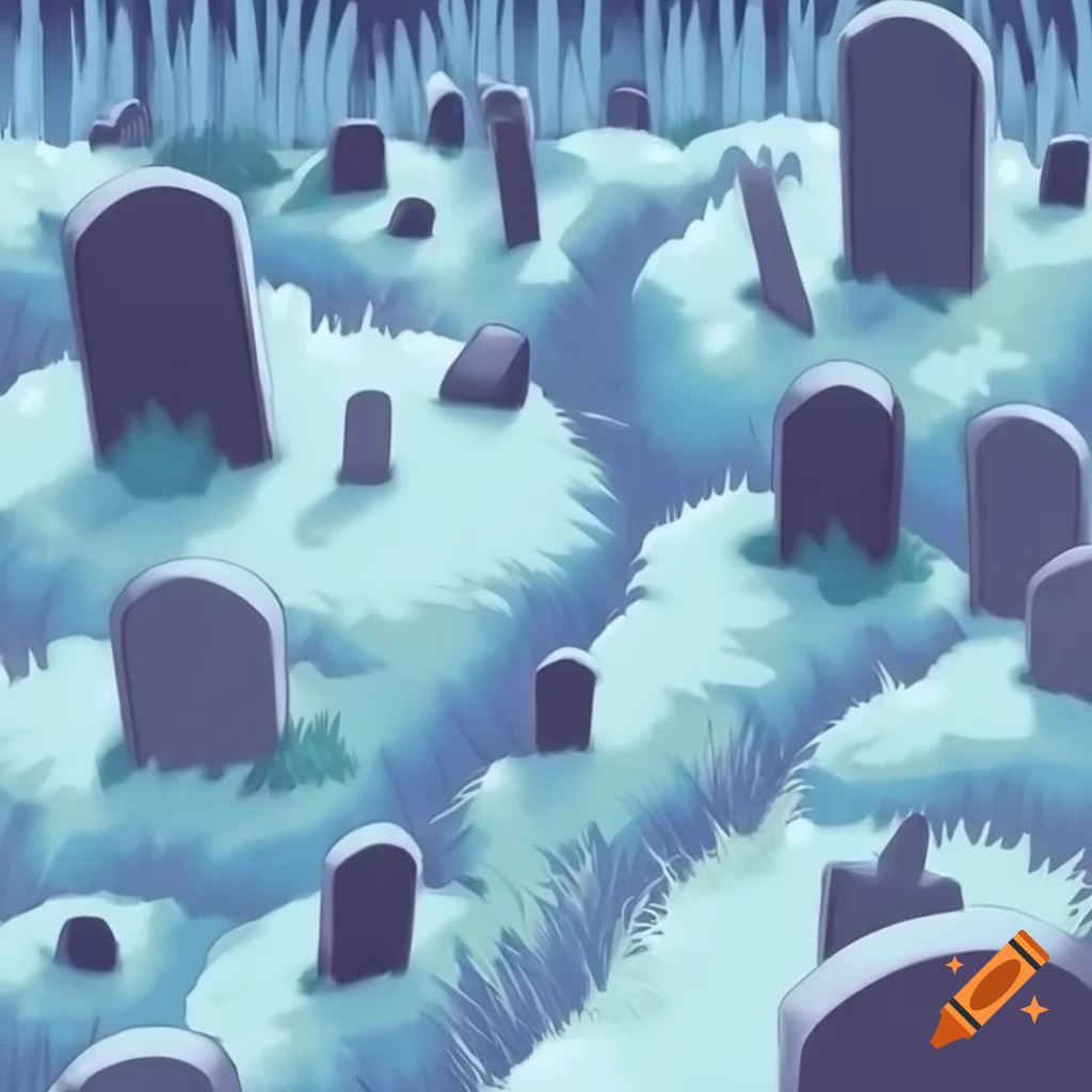 Casual art style illustration of a bluish graveyard