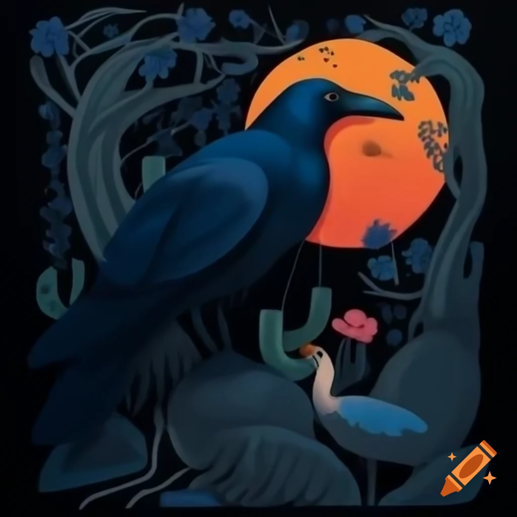 Mystical Curandera Raven and elegant Mother Goose in illustrated style