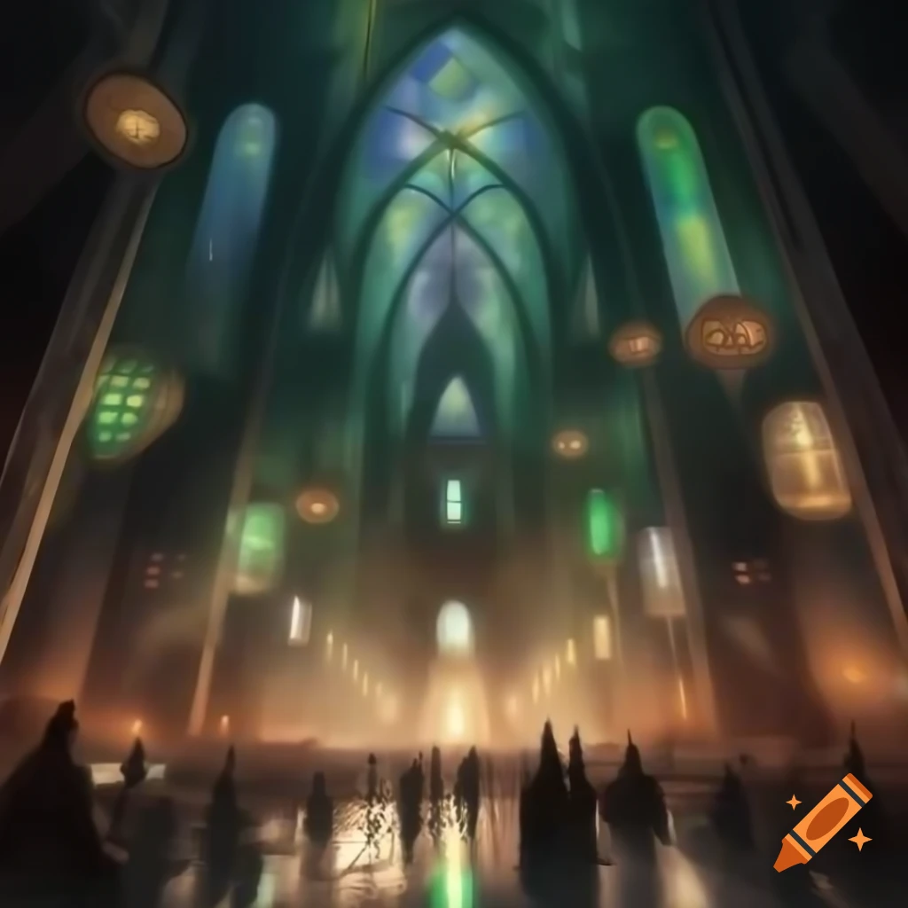 Gothic cathedral in steampunk city with spires, gears, and stained glass