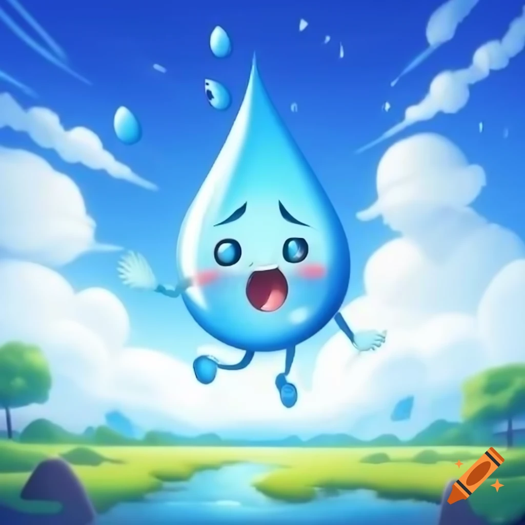 Cartoon water droplet falling from sky with excited emotions, ground perspective