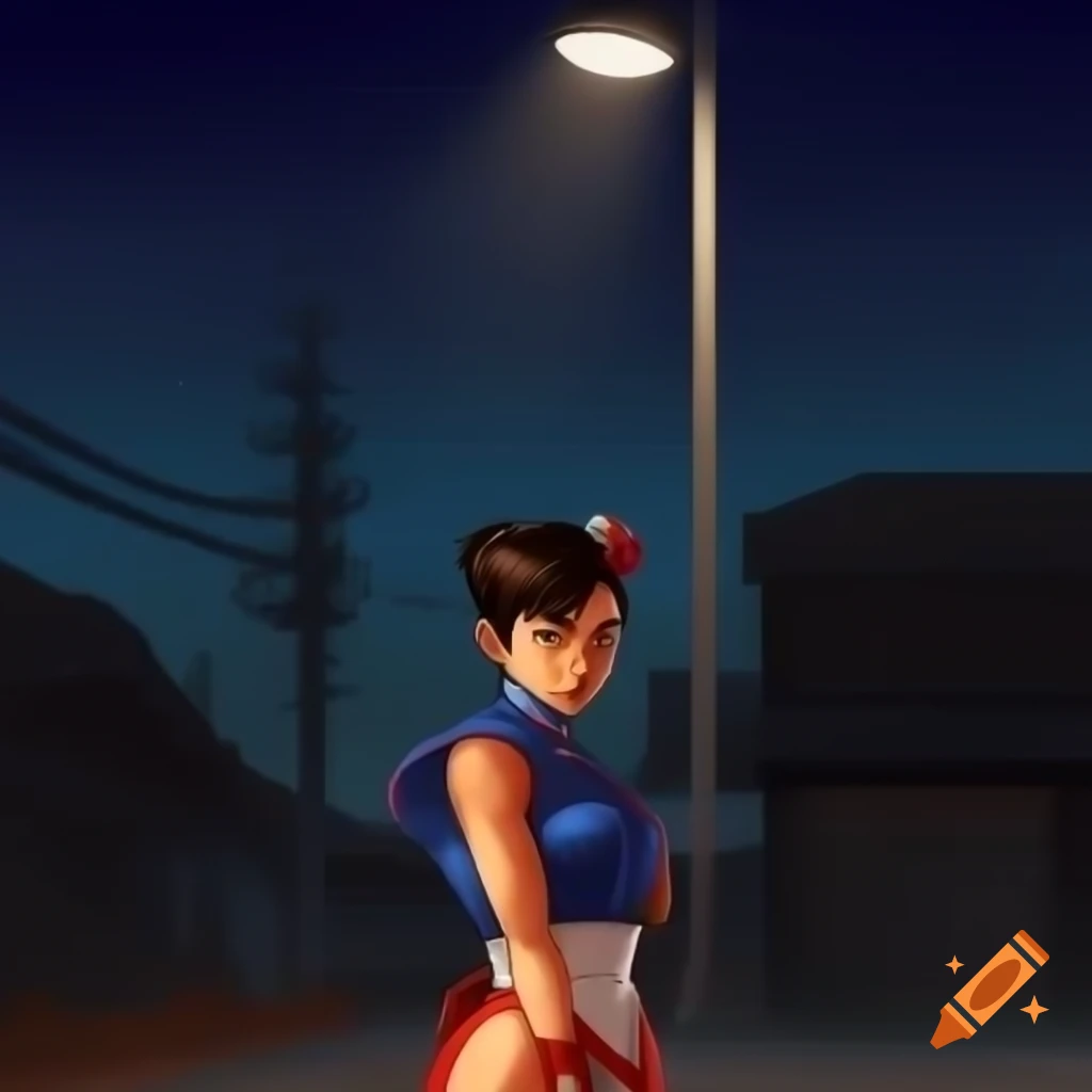 Anime character Chun-li from Street Fighter in front of floodlight