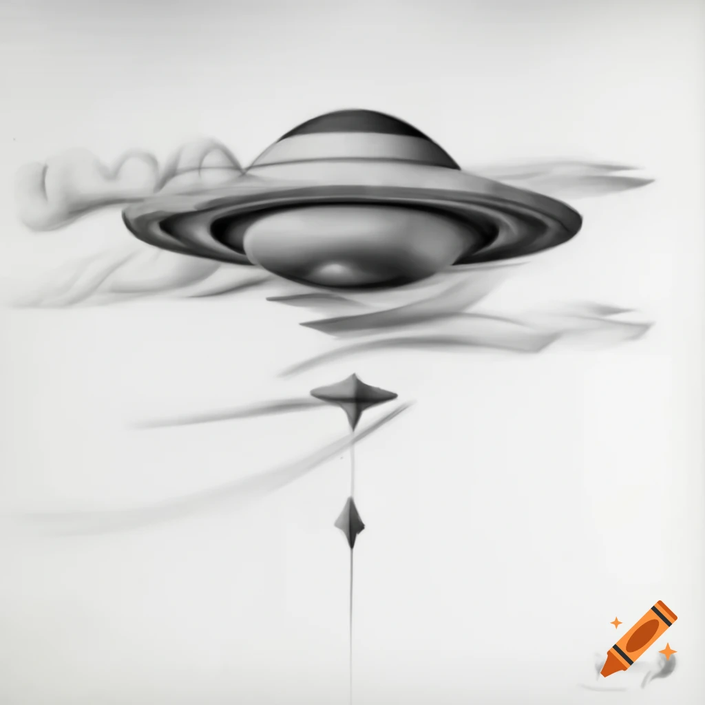 Surreal ink and pencil drawing of a UFO in Baroque style