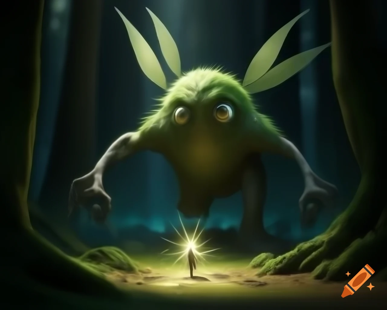 Photorealistic 3D render of a fairy next to a tree in a forest