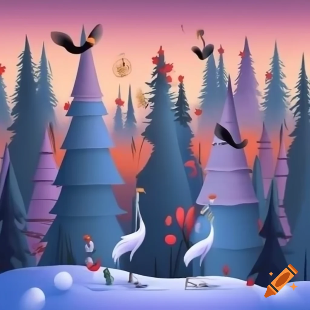 Panorama illustration of Christmas forest scene with Native Salish and Russian fairytale motifs