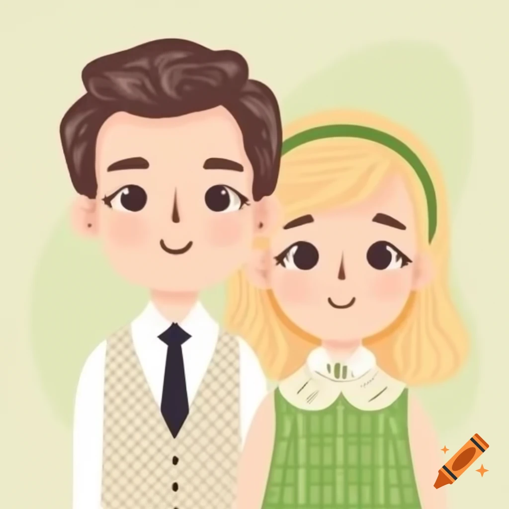 Cute couple in formal wear smiling, vector illustration with green, yellow, and beige colors