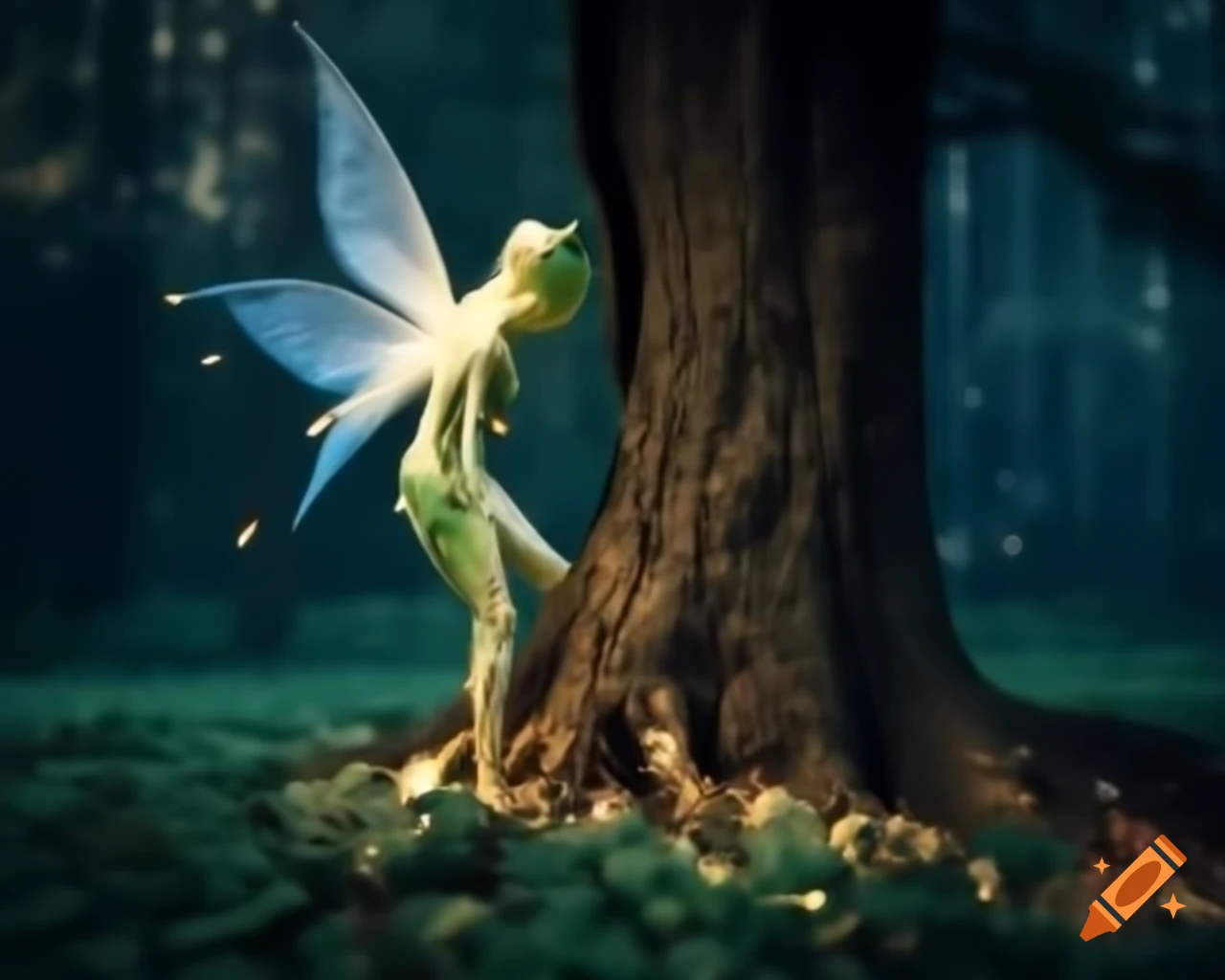 Photorealistic 3D render of a fairy next to a tree in a forest using raytracing