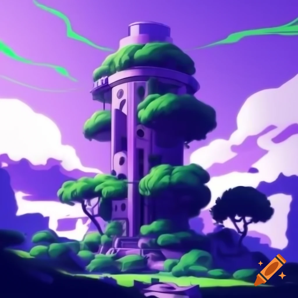 Inspiring illustration of large purple tower with green highlights