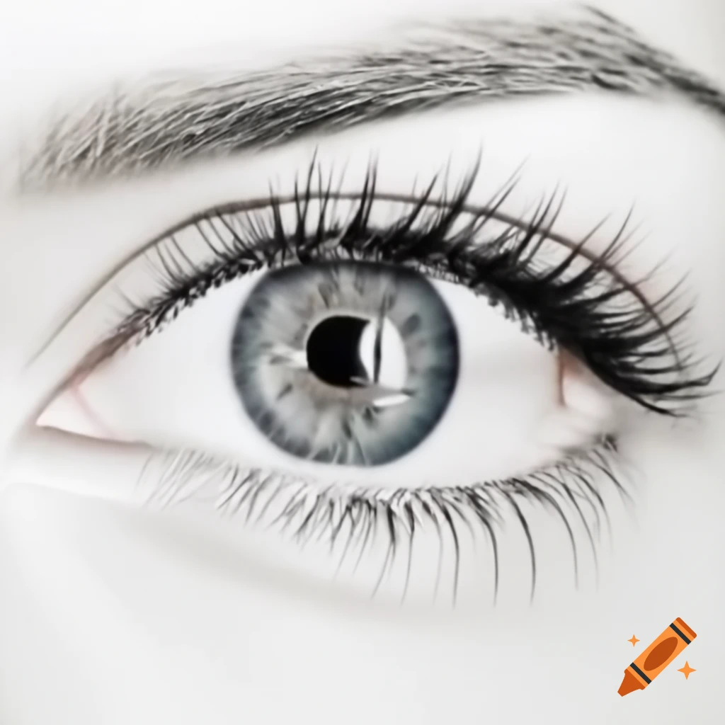 Black and white diagram of a human eye with detailed eyelashes