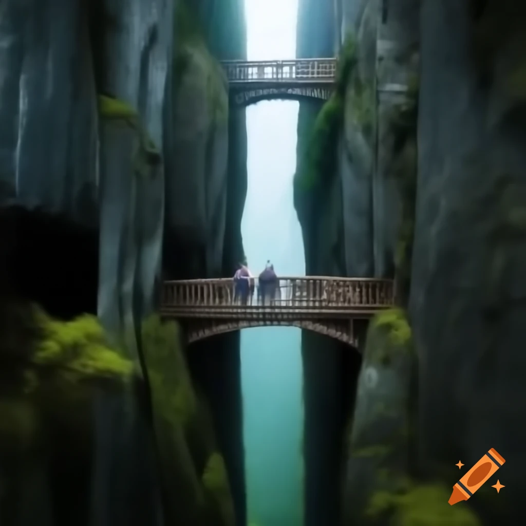 Rickety wooden bridge over foggy ravine with friends crossing cautiously