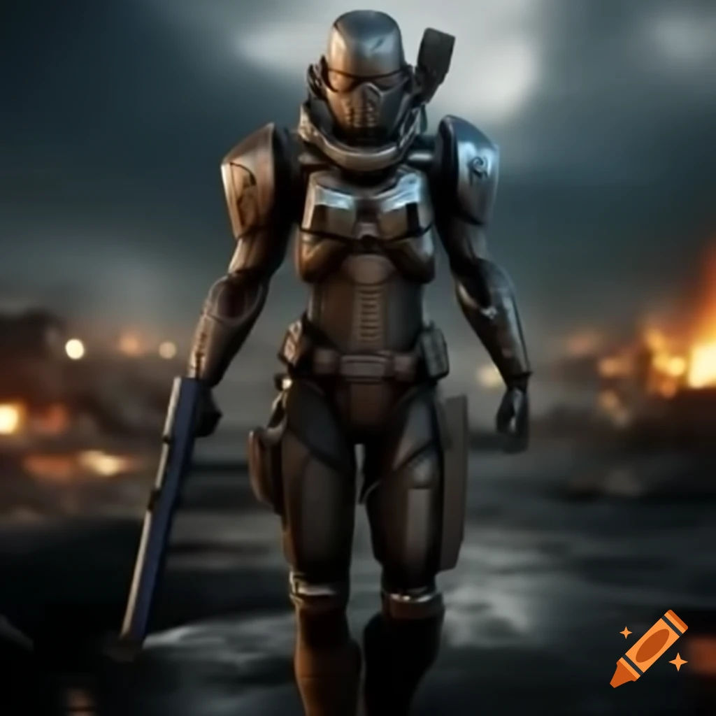 Cyborg warrior in armor suit with laser rifle in post-apocalyptic wasteland