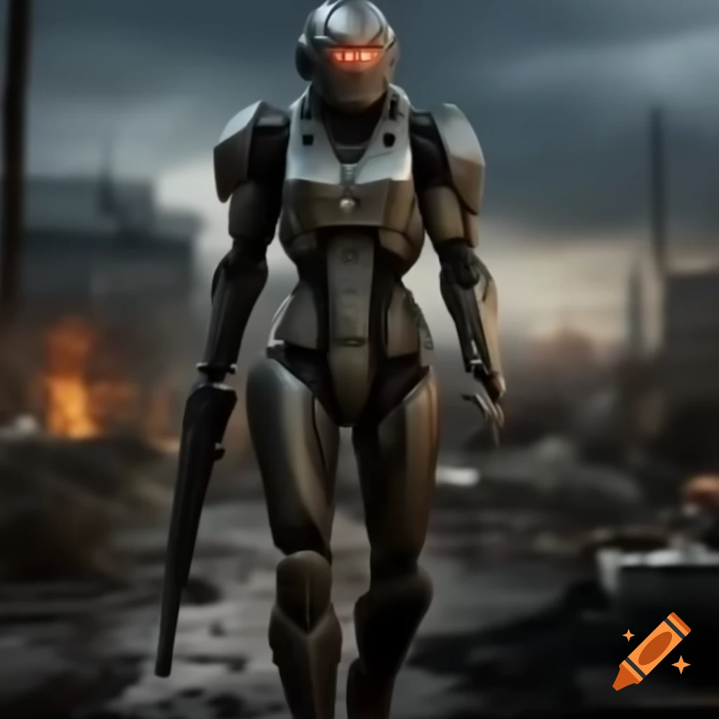 Cyborg warrior in armor with laser rifle in post-apocalyptic wasteland