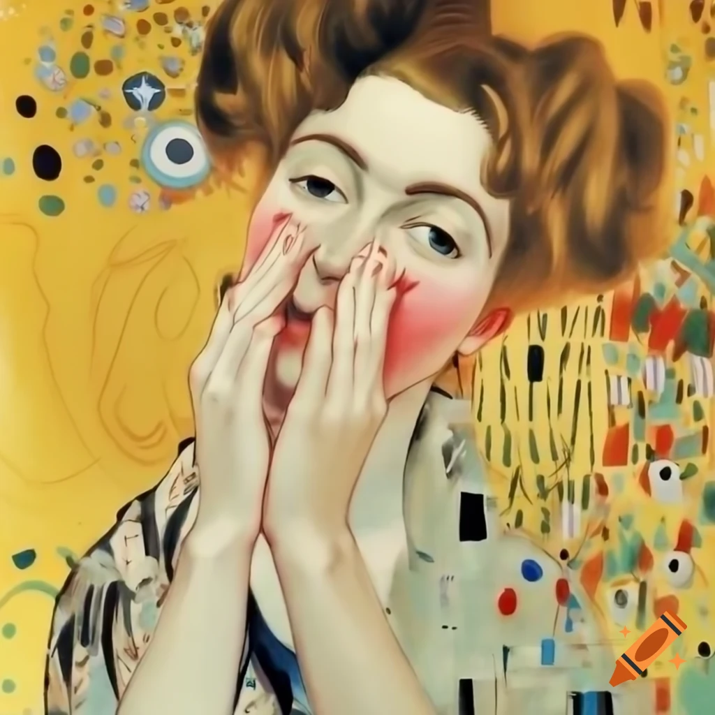 Colorful vintage portrait of woman laughing with grimace, inspired by classical artists