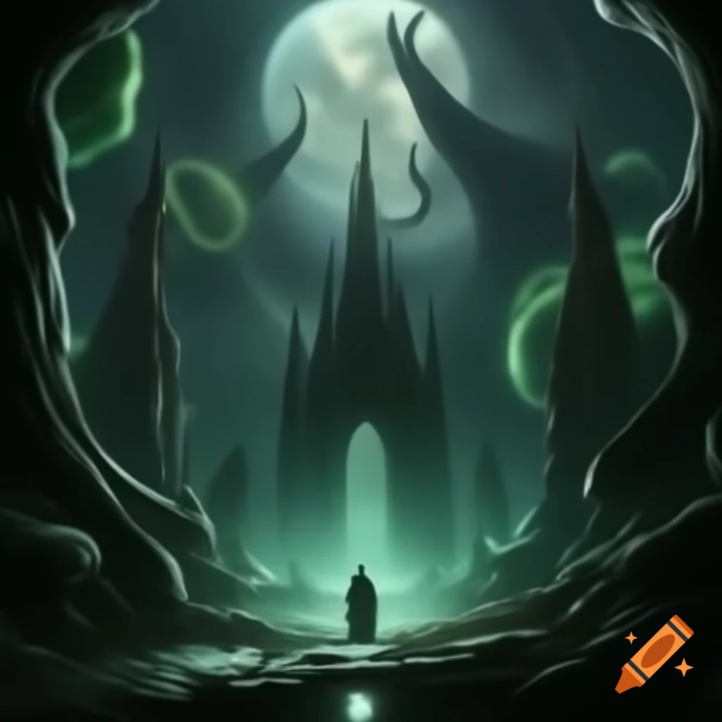 Alien planet with towering jagged rock formations resembling Gothic cathedral spires